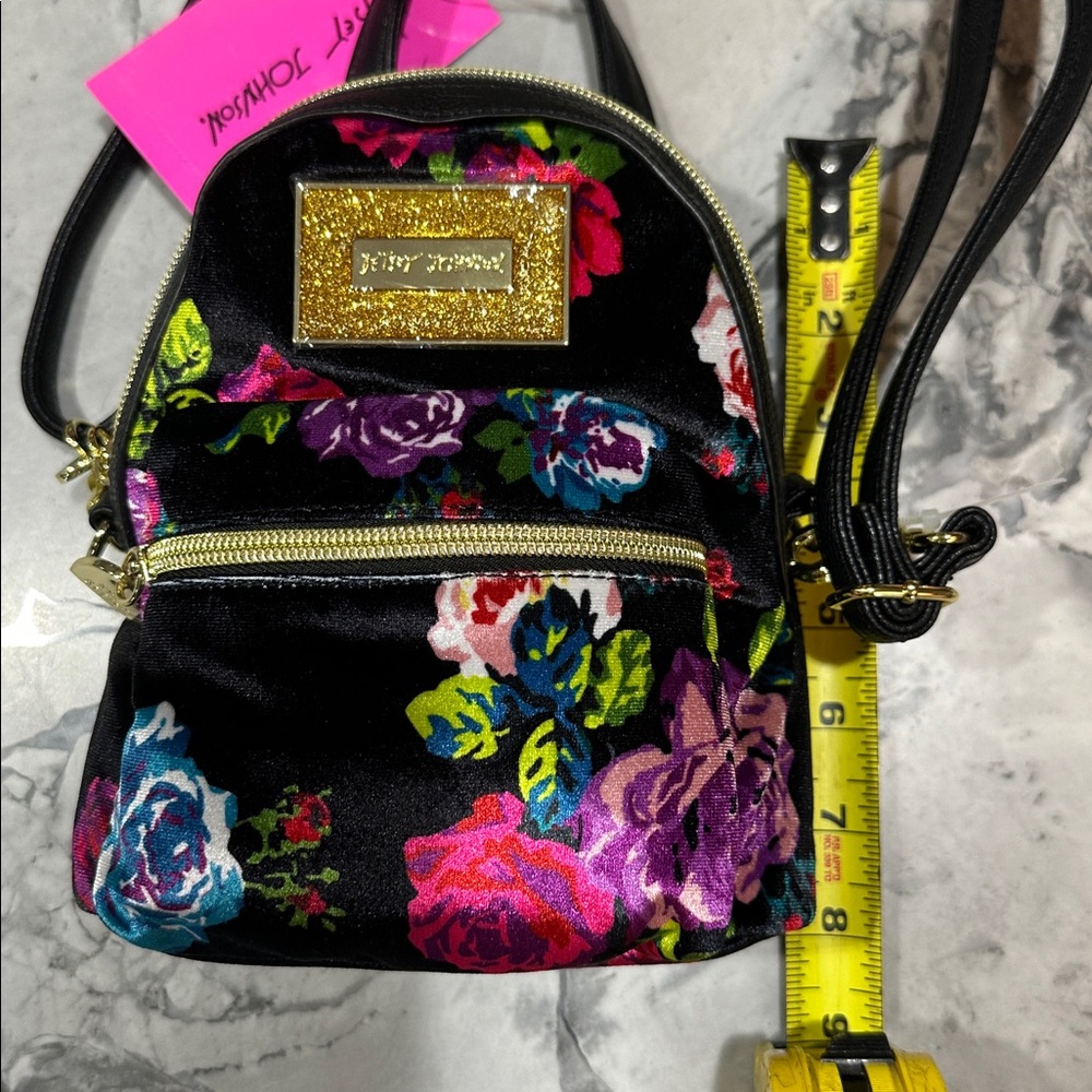 NWT! Betsey Johnson Velvet Black and Multicolor Floral Covertible Backpack - Picture 13 of 14